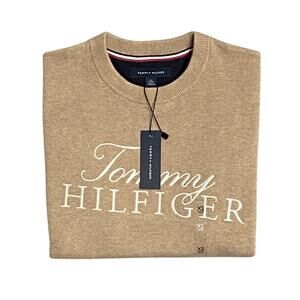 Tommy Hilfiger Sweater Men's XS Signature Crew Neck Embroidered Logo Beige NEW